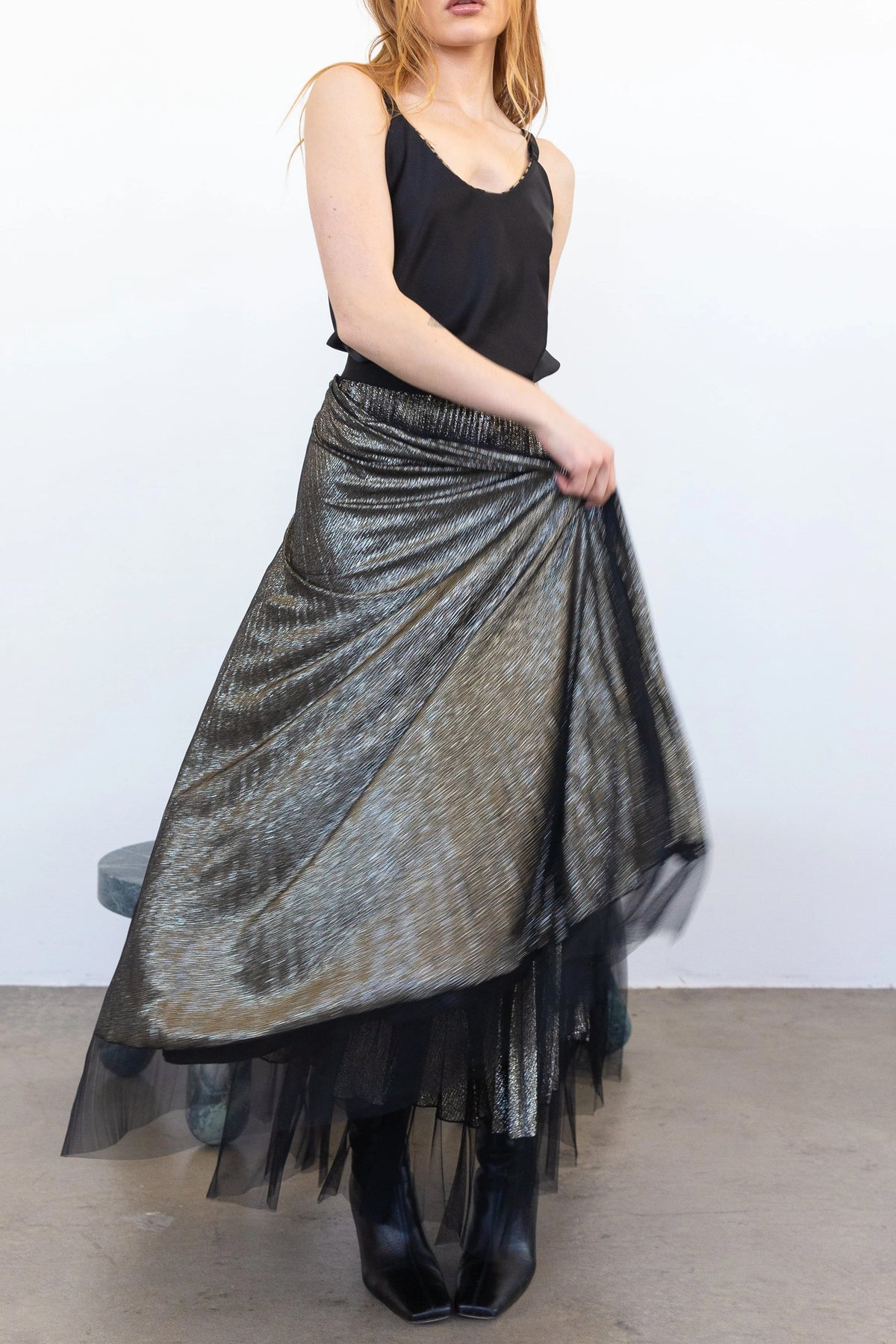 Loyd/Ford Metallic Pleat Skirt with Mesh Overlay at Romi Boutique