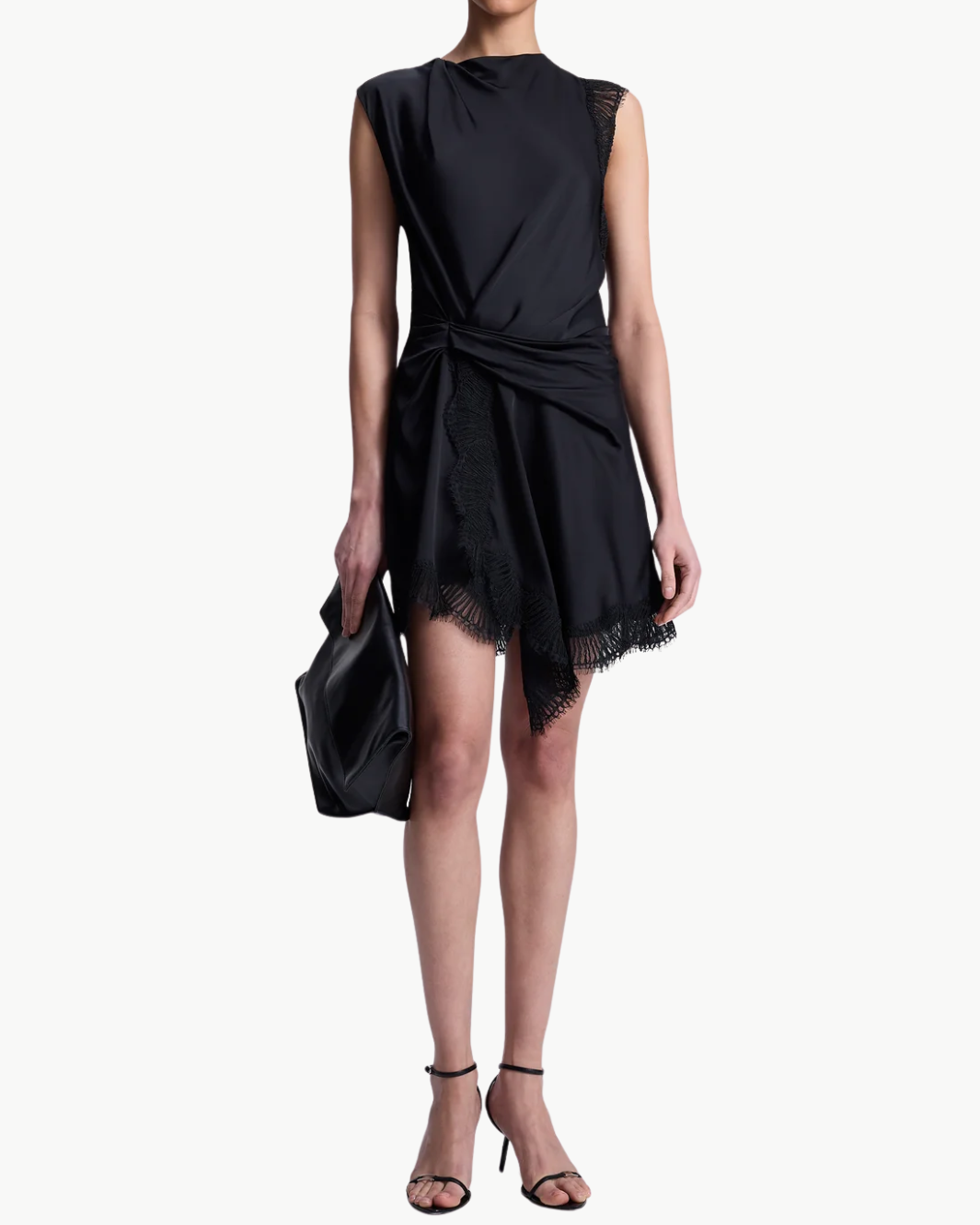 DION SATIN AND LACE MINI DRESS IN BLACK/BLACK