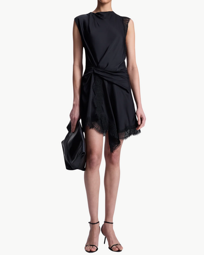 DION SATIN AND LACE MINI DRESS IN BLACK/BLACK