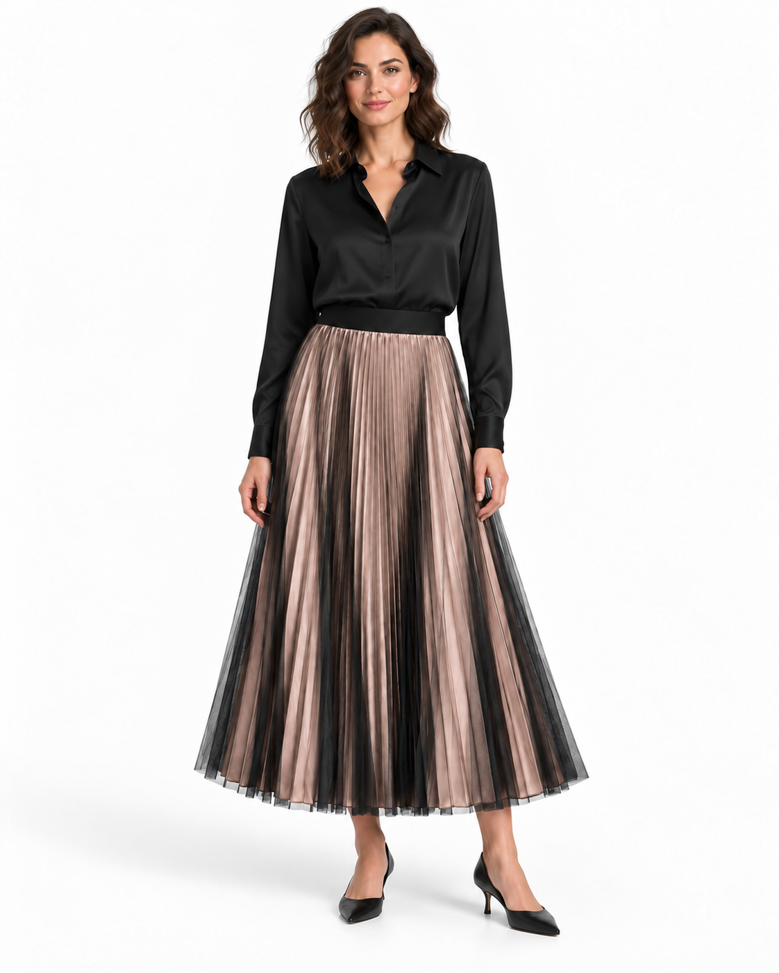 Classic Satin Skirt with Mesh Overlay
