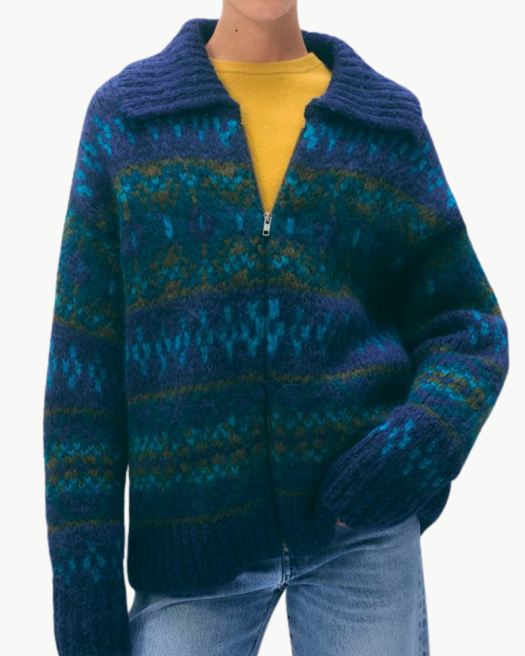 ALPACA BLEND FAIR ISLE BOMBER IN TEAL COMBO - Romi Boutique