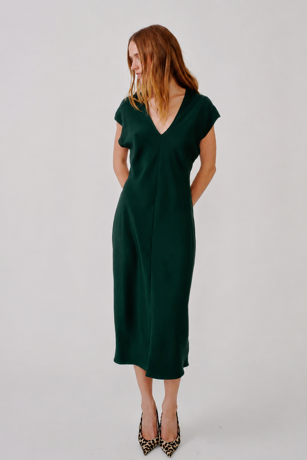 Inez Draped V-Neck Silk Dress