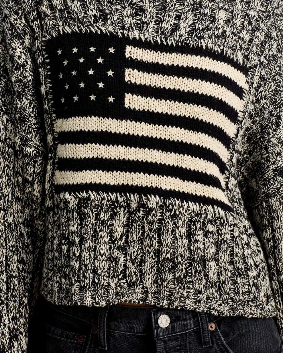 AMERICAN FLAG CROPPED TURTLENECK SWEATER IN MARLED BLACK/CREAM