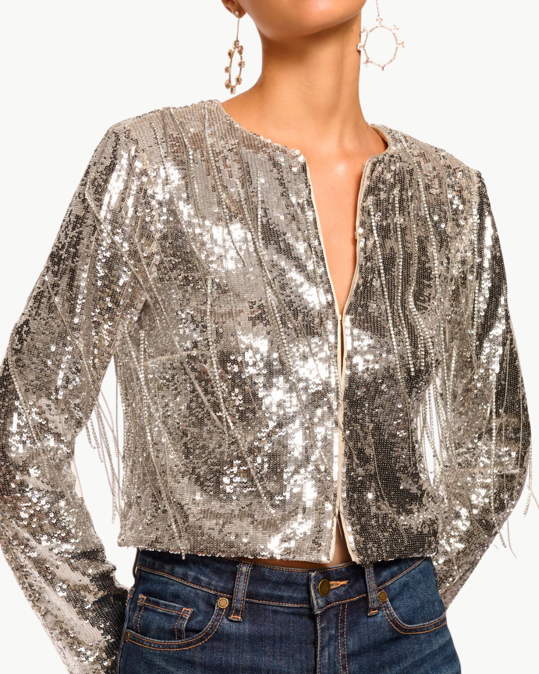 SAPPHIRE SEQUIN FRINGE JACKET IN PLATINUM