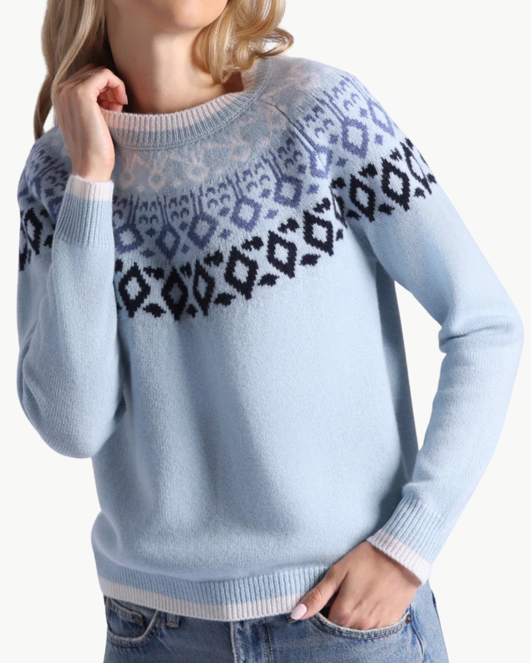 Minnie Rose CASHMERE FAIR ISLE CREW NECK W/ TIPPING at Romi Boutique