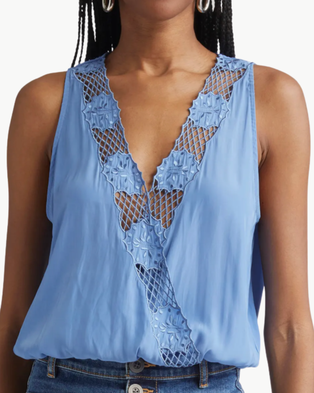 DAISY V-NECK EMBROIDERED TANK TOP IN CORNFLOWER - Romi Boutique