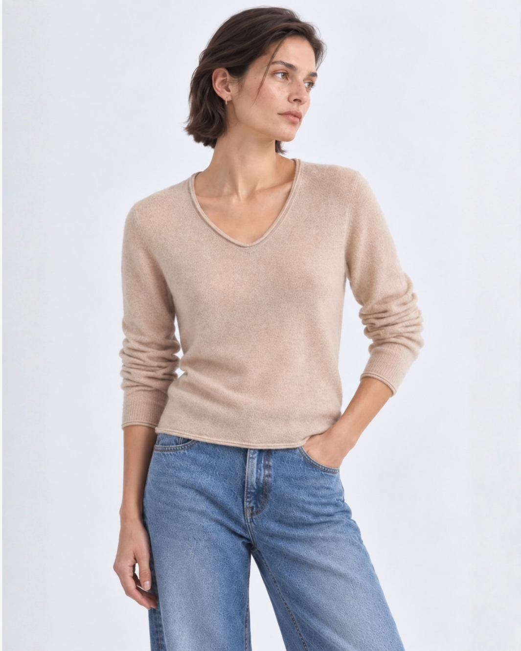 Minnie Rose Sheer Luxury Cashmere Long Sleeve V Neck with Rolled Trims at Romi Boutique