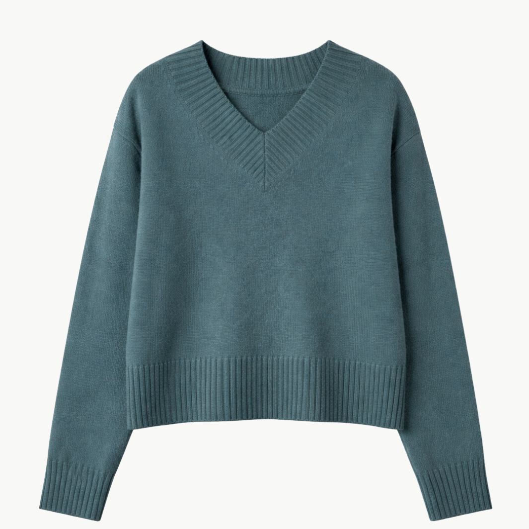 CASHMERE WIDE RIB TRIM VNECK