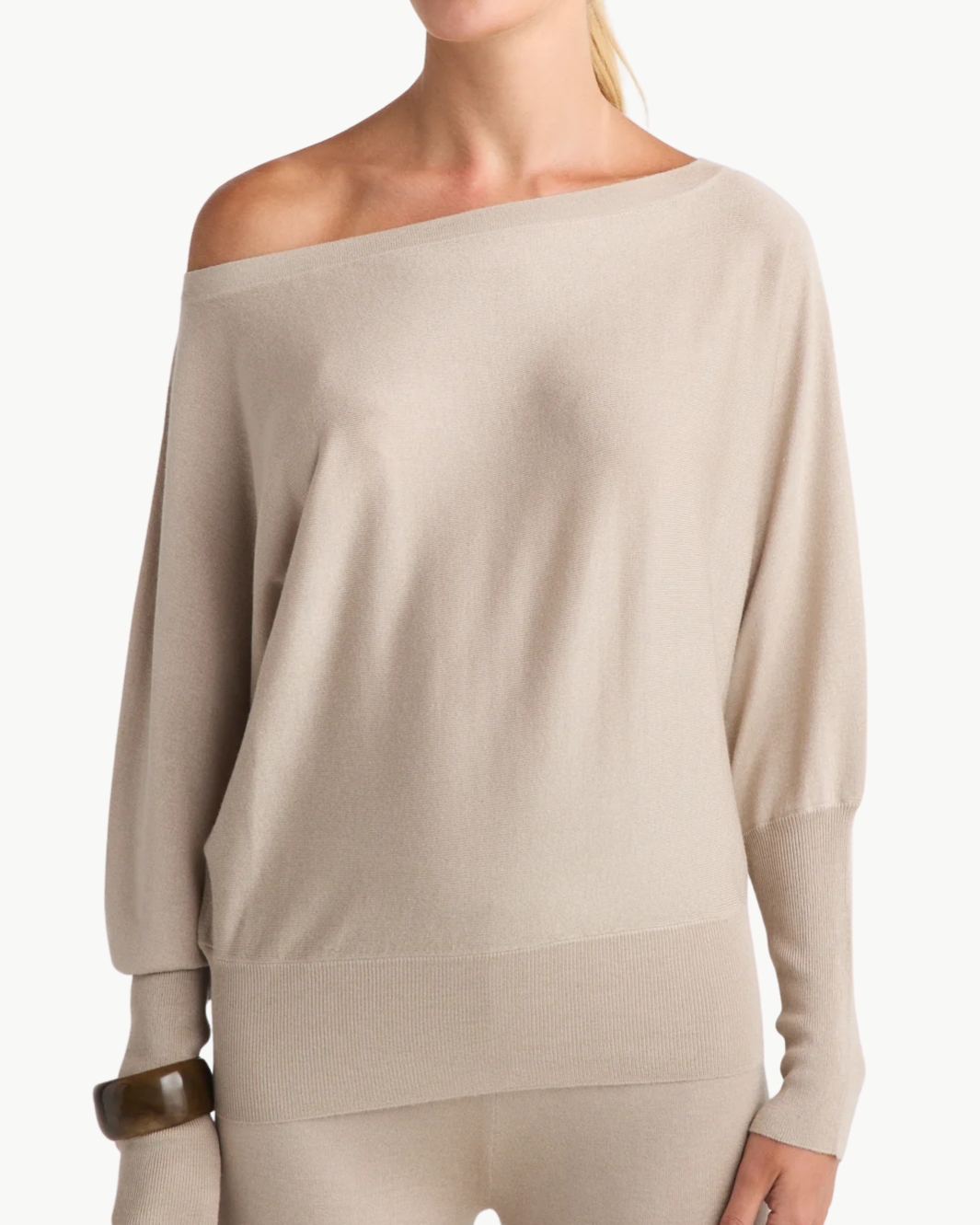 GRAYSON OFF-THE-SHOULDER SWEATER IN BEIGE - Romi Boutique