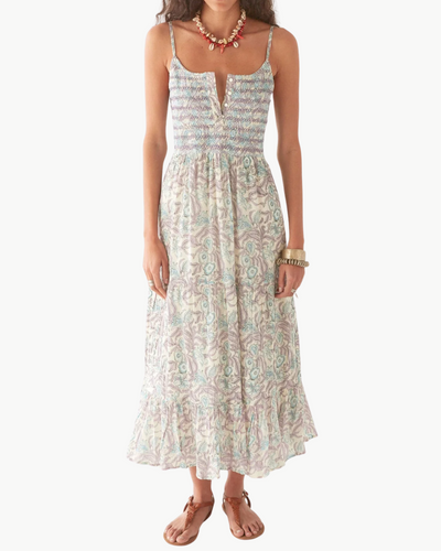 LULU DRESS IN PURPLE PARADISE HAWAIIAN BLUE