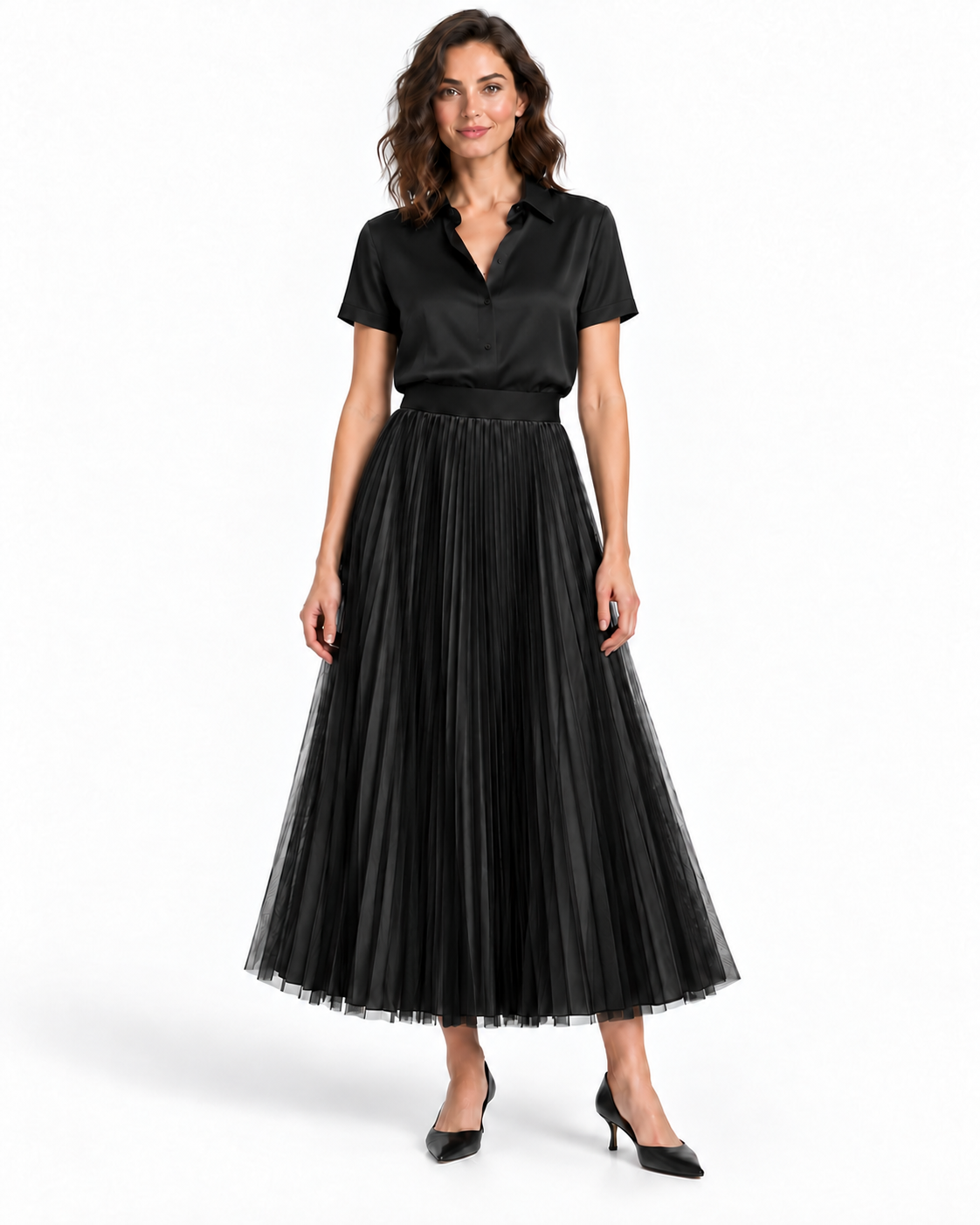 Classic Satin Skirt with Mesh Overlay