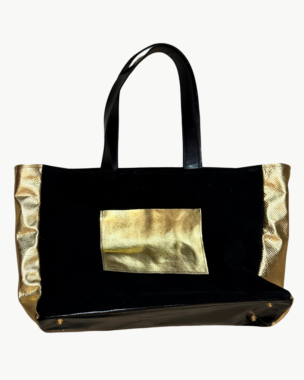 MAHJONG GAMER TOTE IN BLACK SUEDE/ GOLD LEATHER WITH TEXTURED SIDES