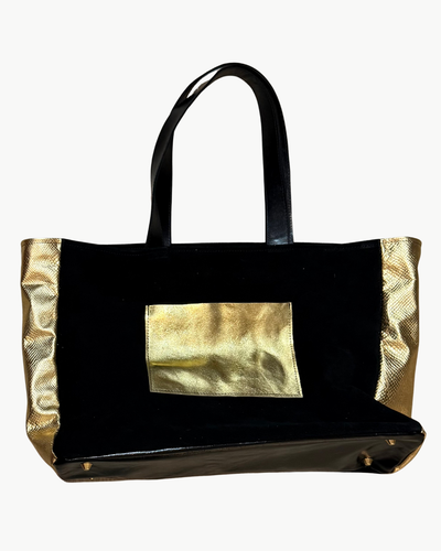 MAHJONG GAMER TOTE IN BLACK SUEDE/ GOLD LEATHER WITH TEXTURED SIDES