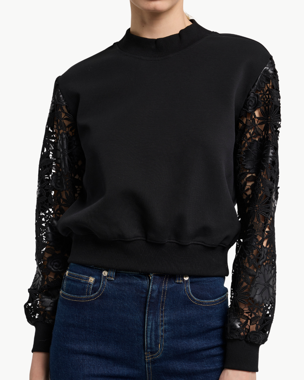 THERON GUIPURE COMBO SLEEVE SWEATSHIRT IN BLACK - Romi Boutique