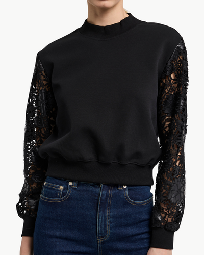 THERON GUIPURE COMBO SLEEVE SWEATSHIRT IN BLACK