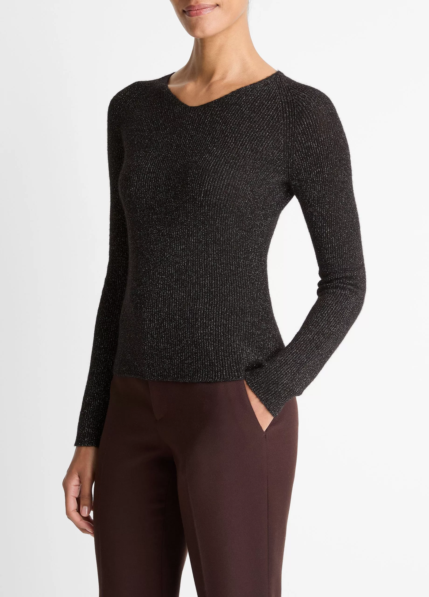 METALLIC RIBBED HIGH V-NECK SWEATER IN BLACK