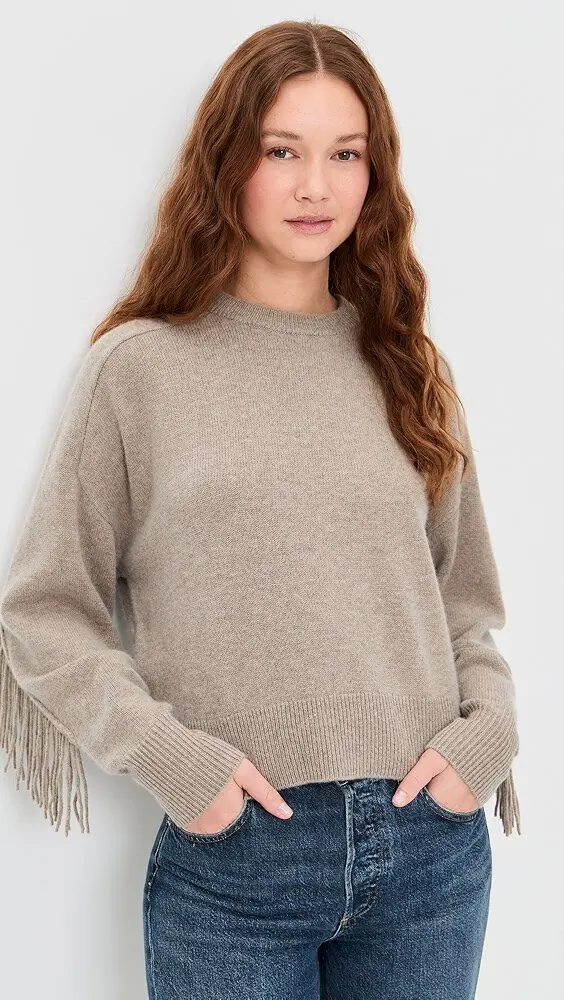 CASHMERE BLEND LUXE FRINGE CREW IN MISTY BROWN HEATHER
