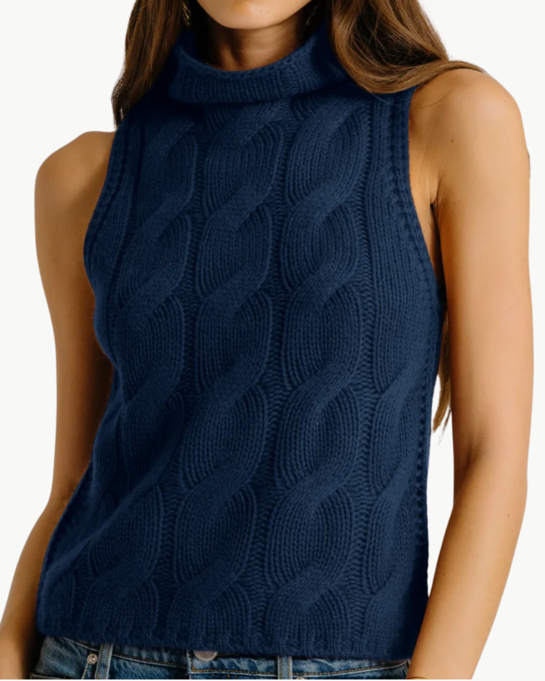 SALVIA SLEEVELESS CASHMERE CABLE TURTLENECK IN MIDNIGHT NAVY