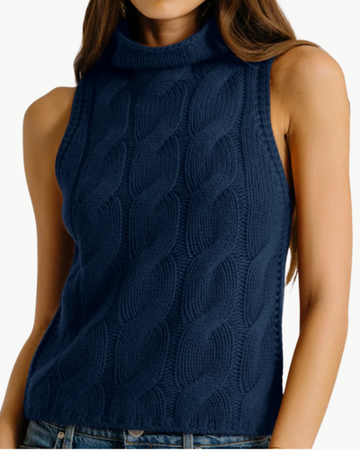 SALVIA SLEEVELESS CASHMERE CABLE TURTLENECK IN MIDNIGHT NAVY