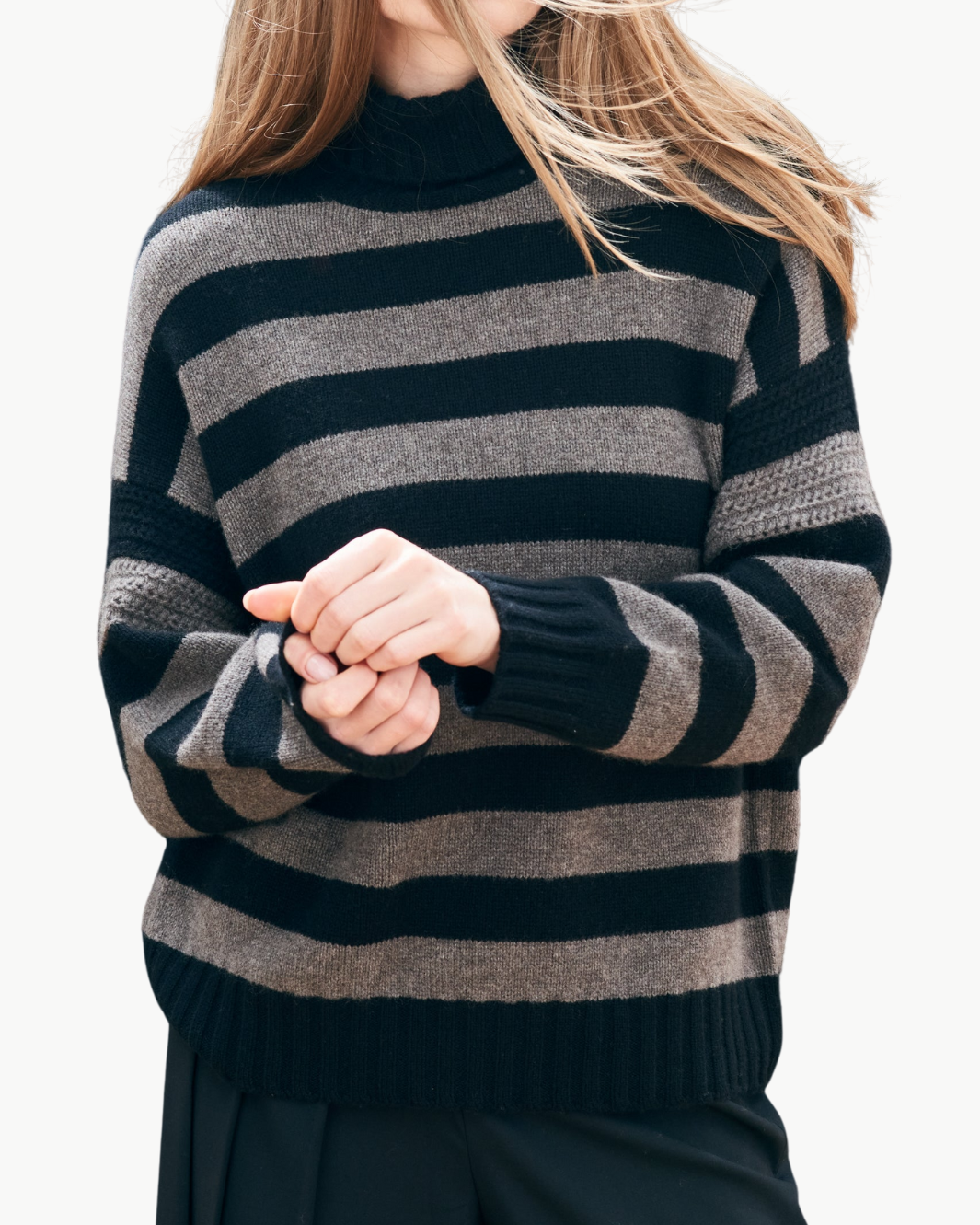 STRIPE BRETON CASHMERE WOOL TURTLENECK IN BLACK/MOOSE - Romi Boutique