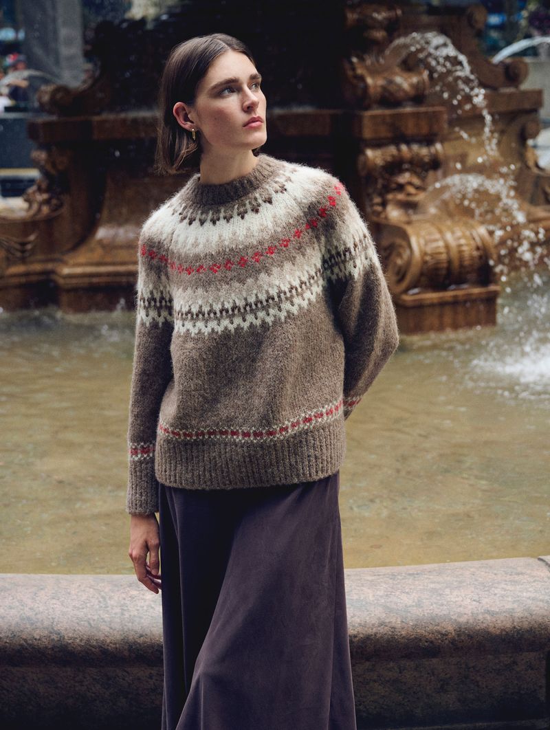 ALPACA BLEND FAIR ISLE CREWNECK IN BROWN COMBO