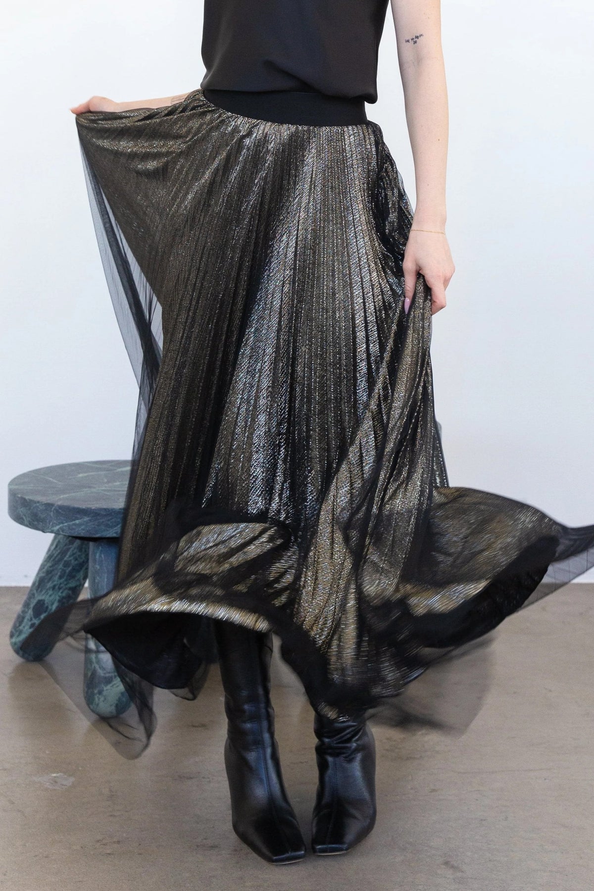 Loyd/Ford Metallic Pleat Skirt with Mesh Overlay at Romi Boutique