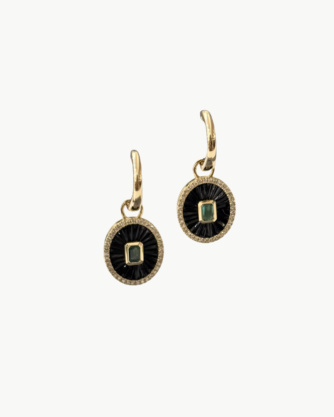 Onyx, Diamond & Emerald Pendant Huggie Earrings