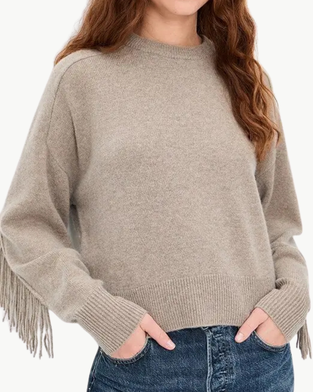 CASHMERE BLEND LUXE FRINGE CREW IN MISTY BROWN HEATHER