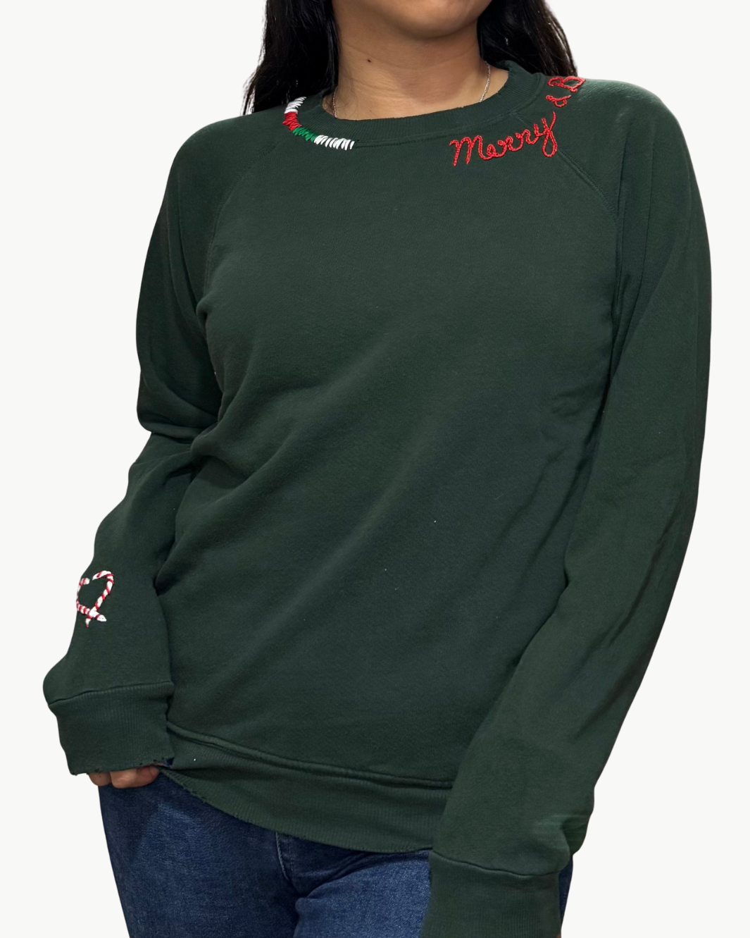 MERRY & BRIGHT CANDY CANE CREW SWEATSHIRT IN PINE GREEN/RED
