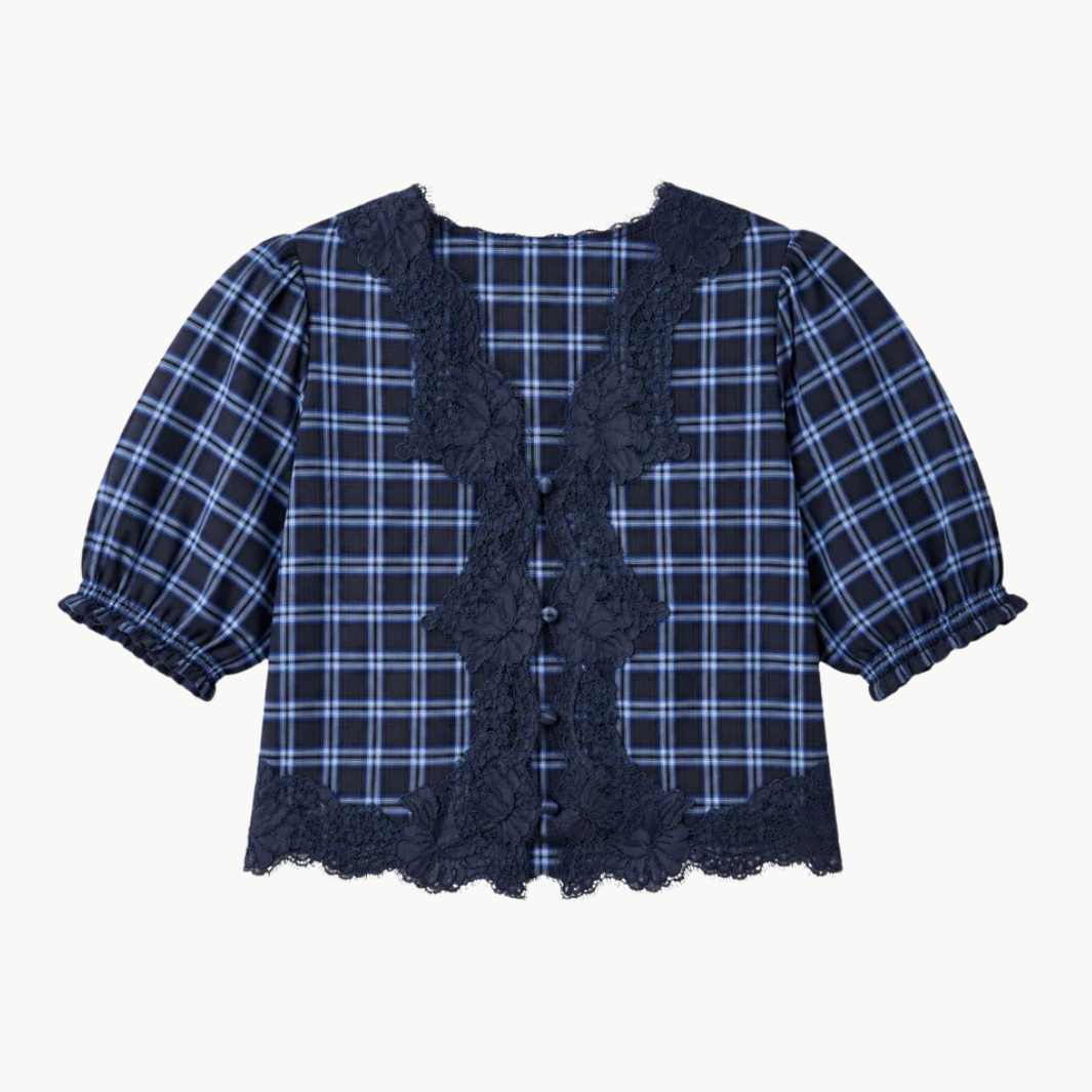 Junie Cotton Top Navy Plaid