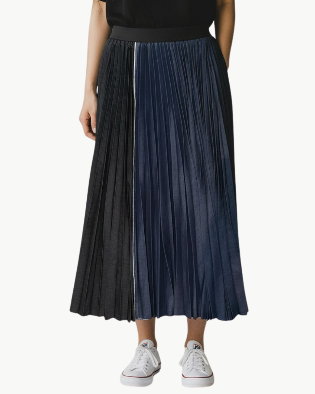 HALF AND HALF DENIM SKIRT IN INDIGO/BLACK