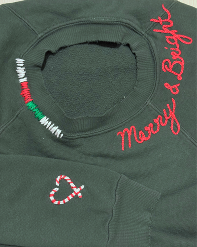 MERRY & BRIGHT CANDY CANE CREW SWEATSHIRT IN PINE GREEN/RED