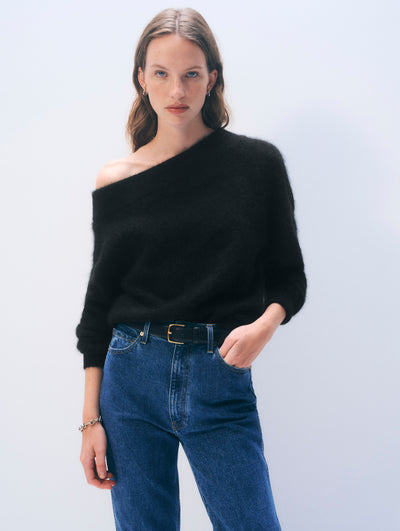 BRUSHED CASHMERE OFF THE SHOULDER TOP IN BLACK