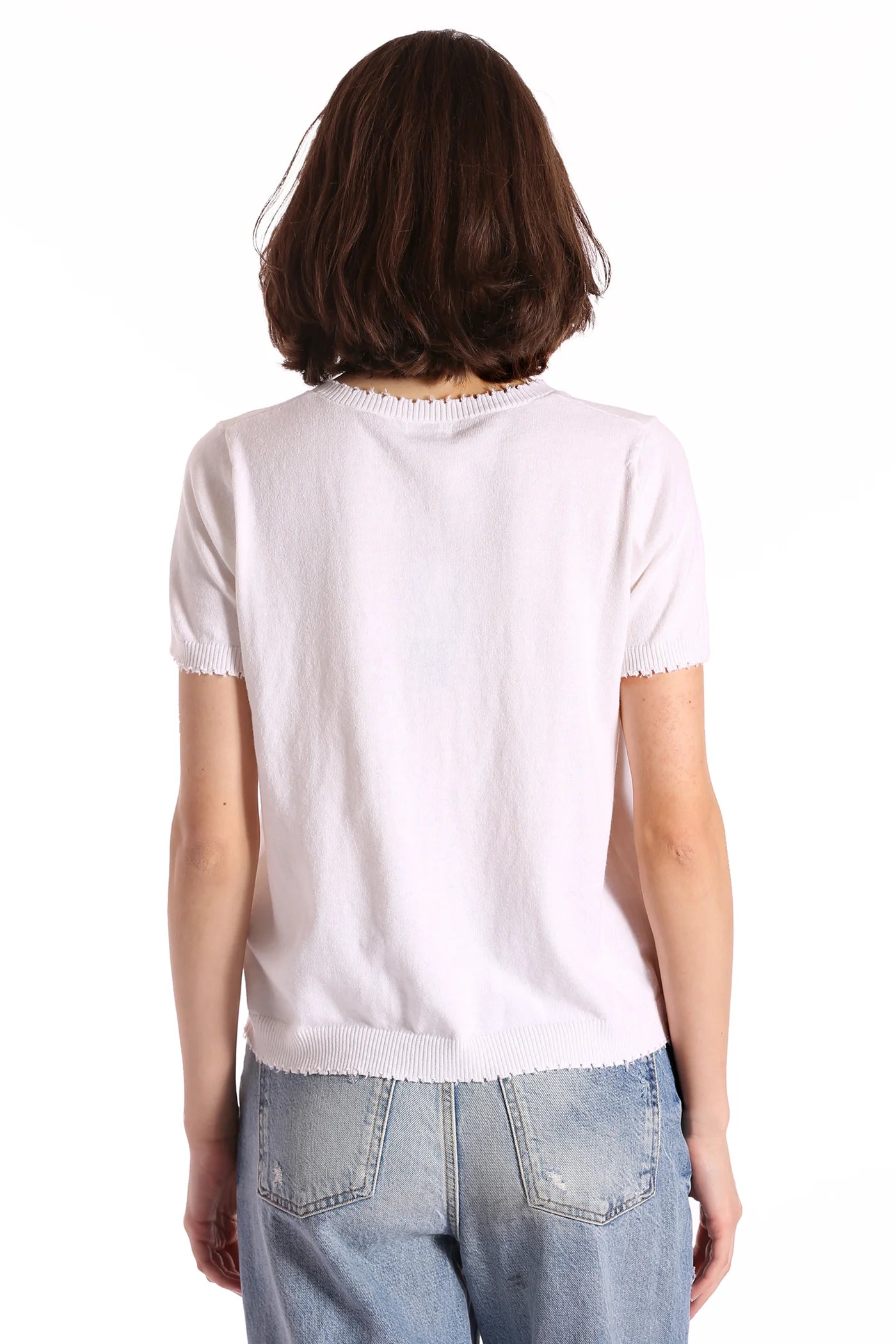 COTTON CASHMERE FRAYED V TEE IN WHITE