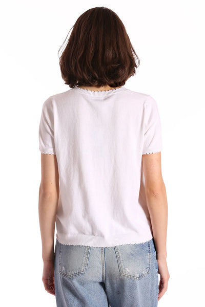 COTTON CASHMERE FRAYED V TEE IN WHITE