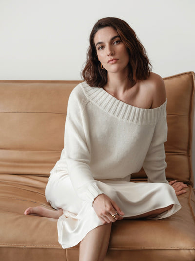 ASYMMETRIC NECKLINE SWEATER IN IVORY