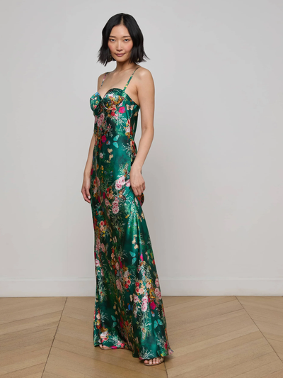 SAYLA SILK GOWN IN BOTTLE GREEN MULTI CHARONDA BUTTERFLY