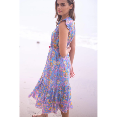 LOLA MIDI DRESS IN BLUE YELLOW PRINT