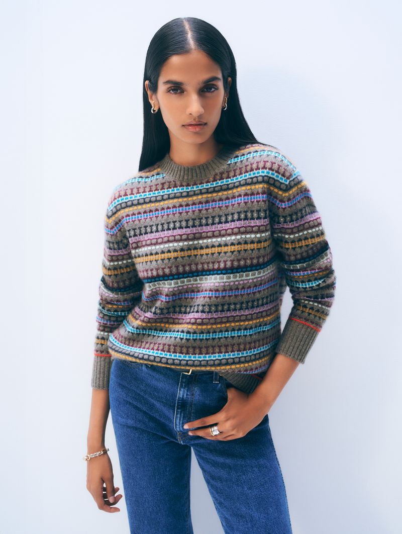 CASHMERE FAIR ISLE CREWNECK IN ASHEN BROWN COMBO