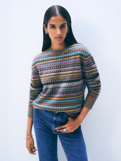 CASHMERE FAIR ISLE CREWNECK IN ASHEN BROWN COMBO