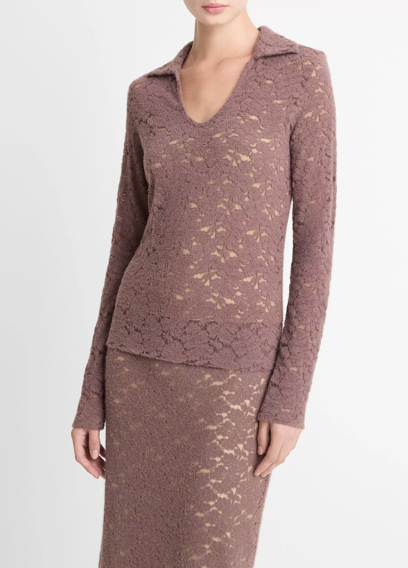 LACE LONG SLEEVE POLO TOP IN SMOKY BERRY