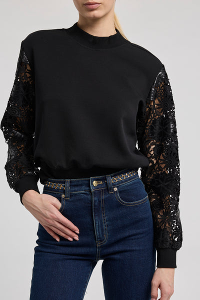 THERON GUIPURE COMBO SLEEVE SWEATSHIRT IN BLACK