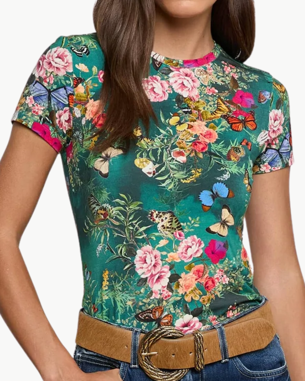 RESSI FITTED TEE IN BOTTLE GREEN MULTI CHARONDA BUTTERFLY