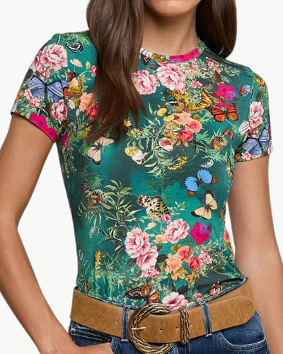 RESSI FITTED TEE IN BOTTLE GREEN MULTI CHARONDA BUTTERFLY