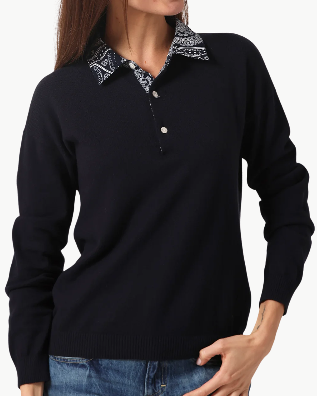 COTTON CASHMERE WOVEN BANDANA COLLAR PULLOVER IN NAVY - Romi Boutique