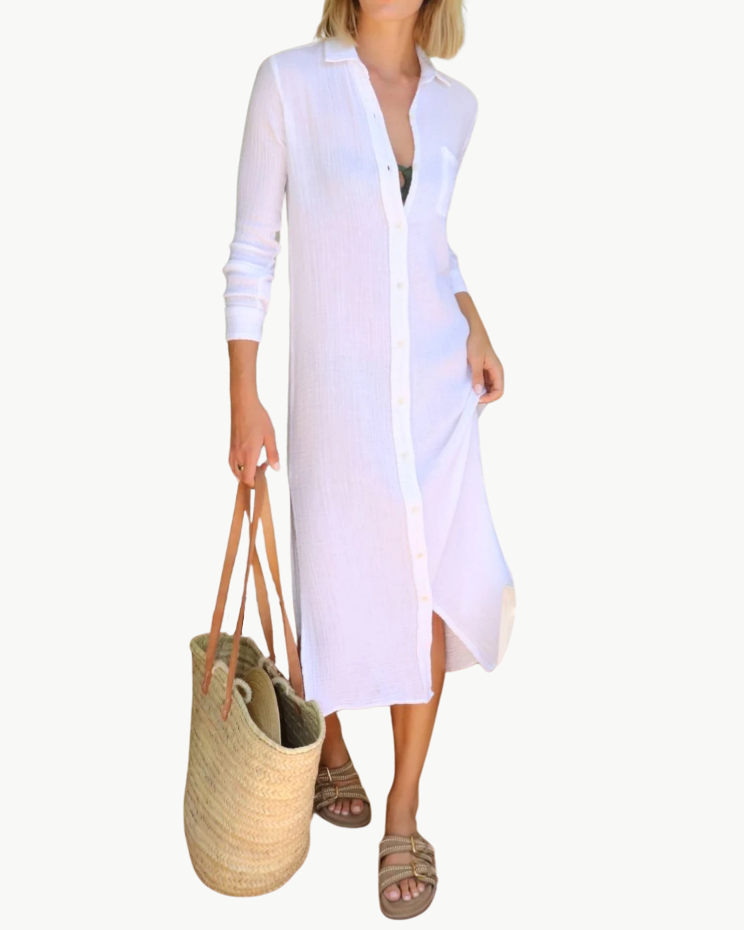BOYFRIEND MAXI DRESS GAUZE IN WHITE - Romi Boutique