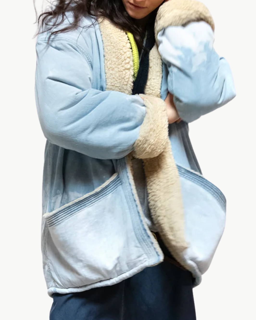 INDIGO/SHERPA BLANKET CARDIGAN IN SUPERFADEOUT CLOUD