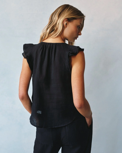 RUFFLE SLEEVE TIE NECK TOP IN BLACK