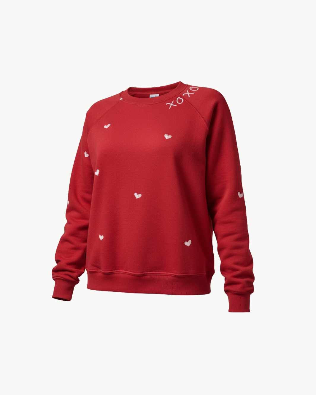 "XOXO" WITH WHITE HEARTS CREW SWEATSHIRT IN RED