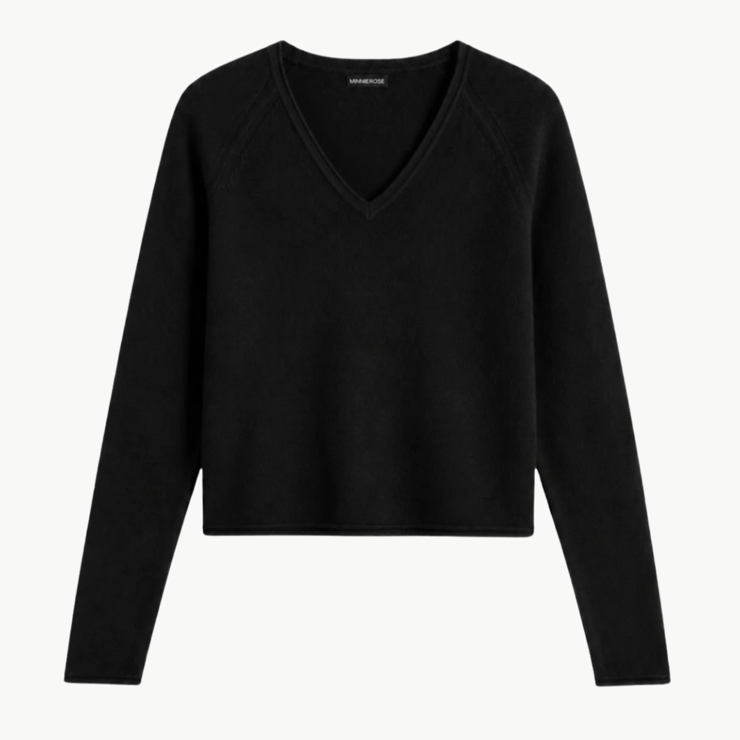 Minnie Rose Sheer Luxury Cashmere Long Sleeve V Neck with Rolled Trims at Romi Boutique